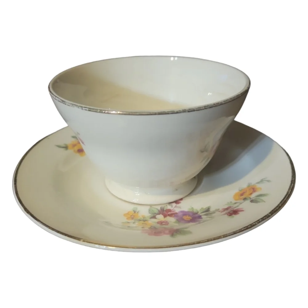 1 Vtg Edwin Knowles Tea Coffee Cup & Saucer Plate Hand Painted Gold Trim Flowers